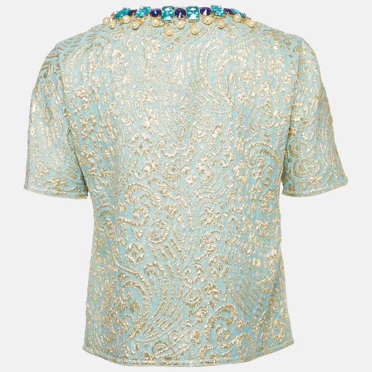 Pre Owned Dolce & Gabbana Blue Crystal Embellished Brocade Blouse M