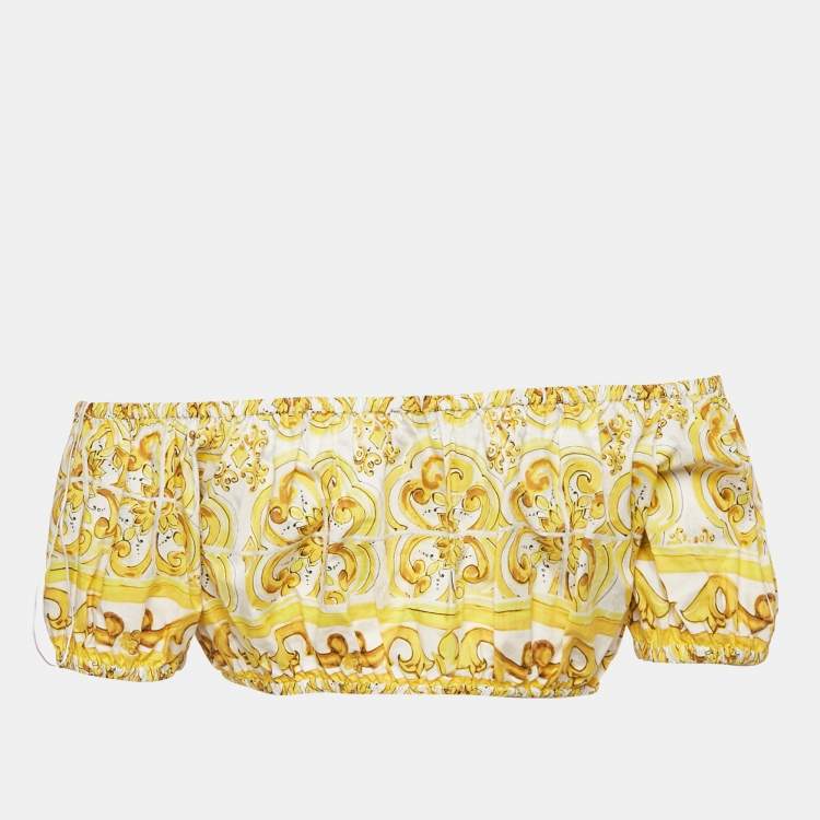 Pre Owned Dolce & Gabbana Yellow Majolica Print Cotton Off-Shoulder Crop Top M