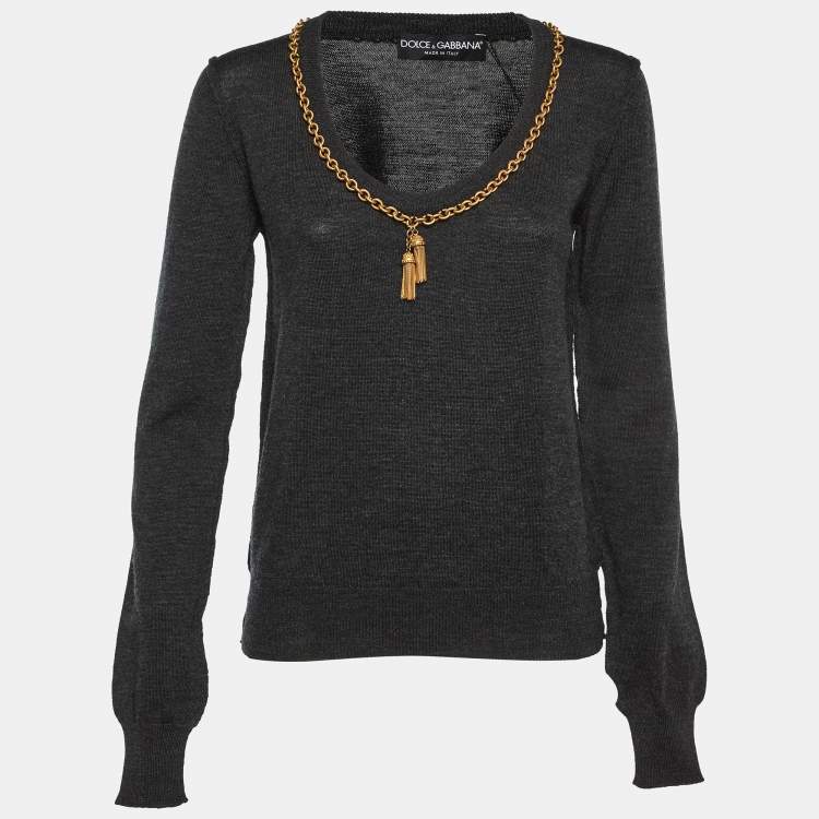 Pre Owned Dolce & Gabbana Charcoal Grey Chain Detail Sweater L