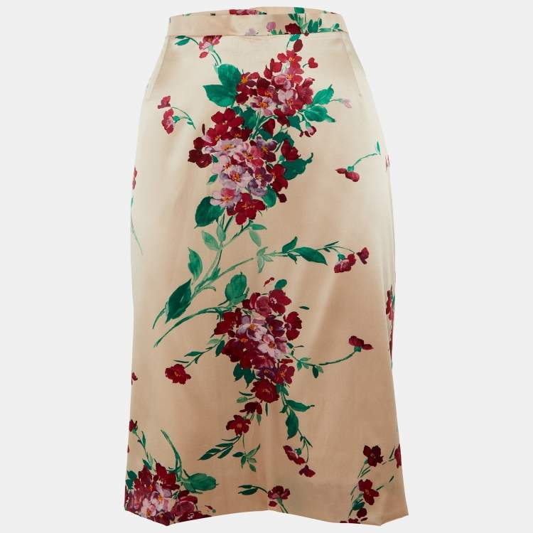 Pre Owned Dolce & Gabbana Pink Floral Printed Silk Satin Midi Skirt L