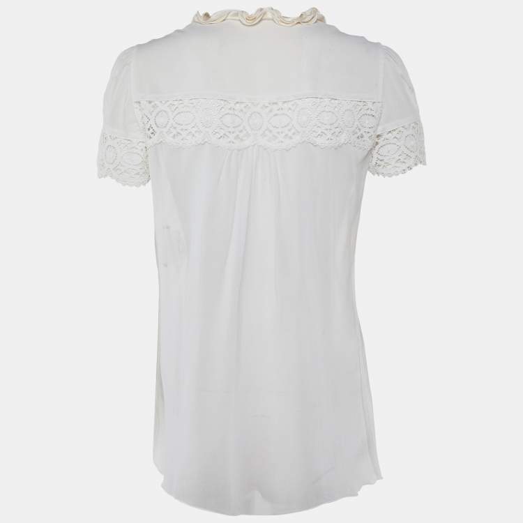 Pre Owned Dolce & Gabbana Off-White Cotton Contrast Trim Top M