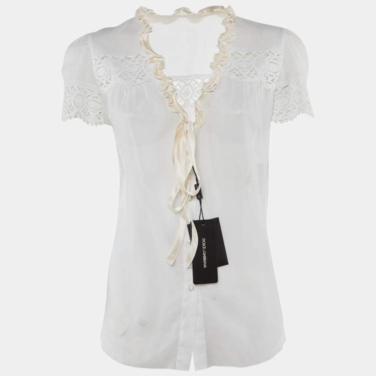 Pre Owned Dolce & Gabbana Off-White Cotton Contrast Trim Top M