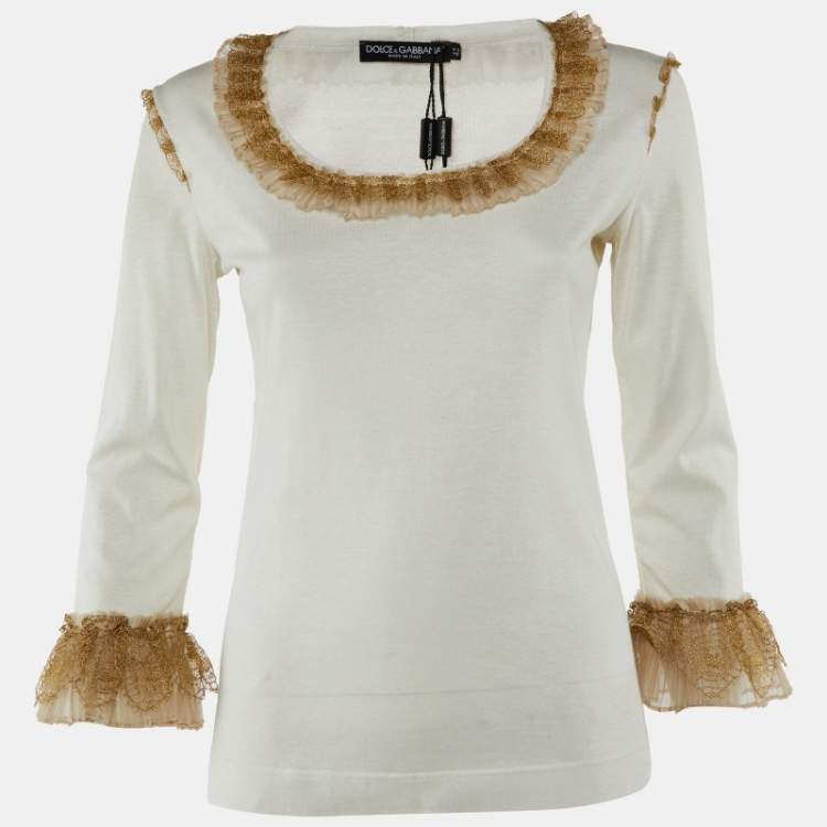 Pre Owned Dolce & Gabbana Off-White Cotton Blend Knit Ruffled Top M