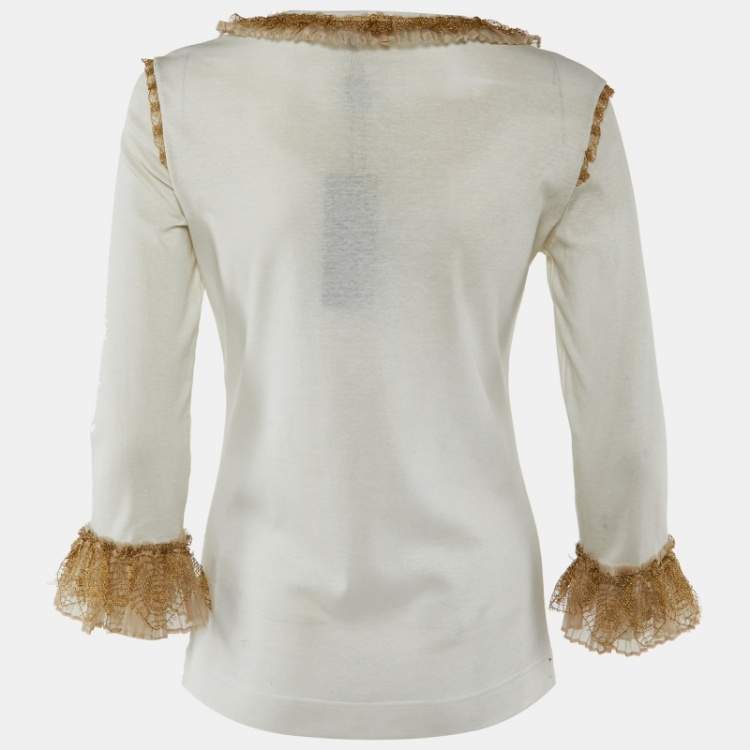 Pre Owned Dolce & Gabbana Off-White Cotton Blend Knit Ruffled Top M