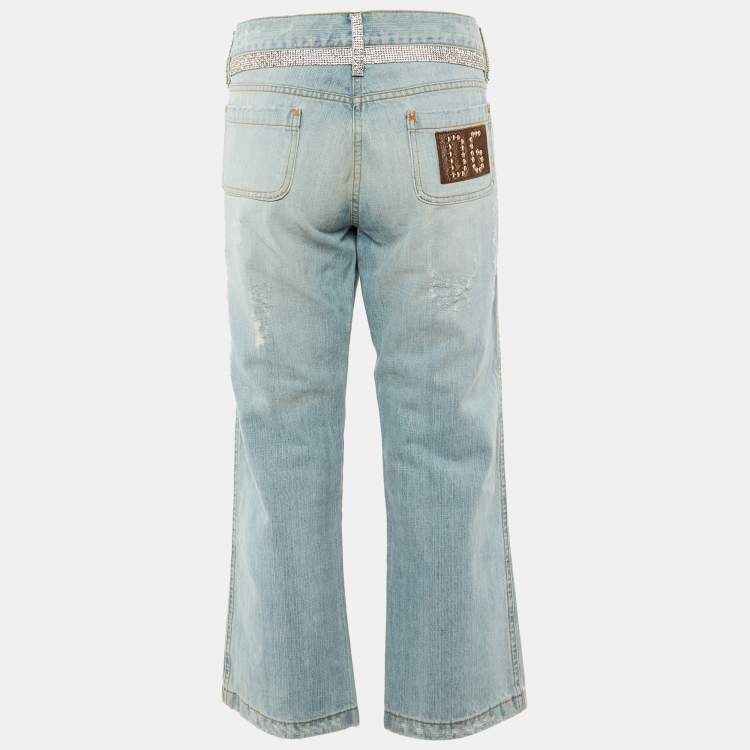 Pre Owned Dolce & Gabbana Blue Distressed Denim Stud Detail Denim L Waist 35" 