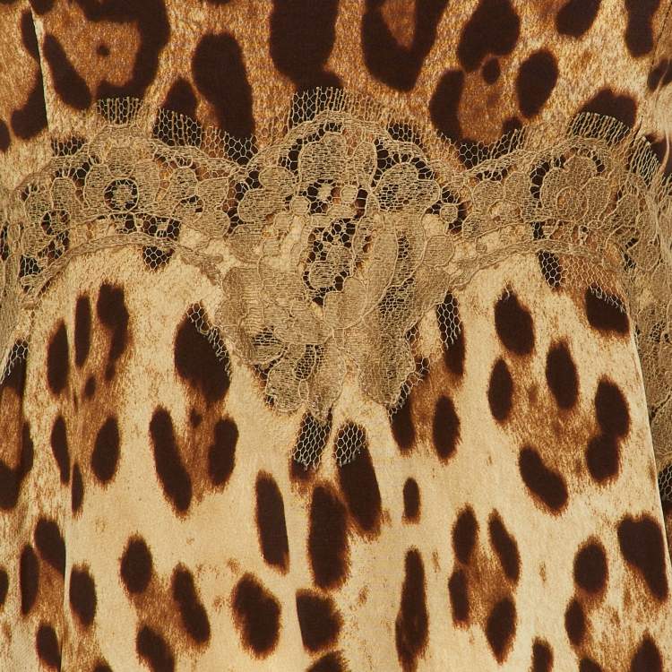 Pre Owned Dolce & Gabbana Brown Leopard Print Silk Lace Trim Mini Dress S