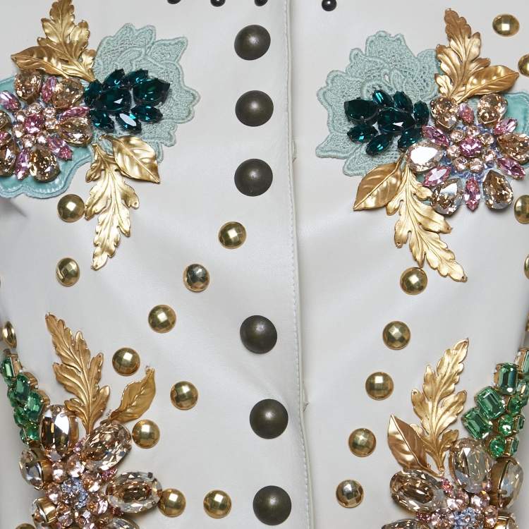 Pre Owned Dolce & Gabbana Beige Crystal Embellished Leather Jacket S