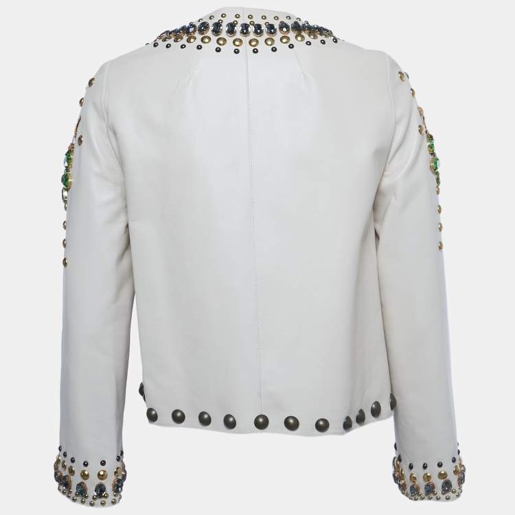 Pre Owned Dolce & Gabbana Beige Crystal Embellished Leather Jacket S