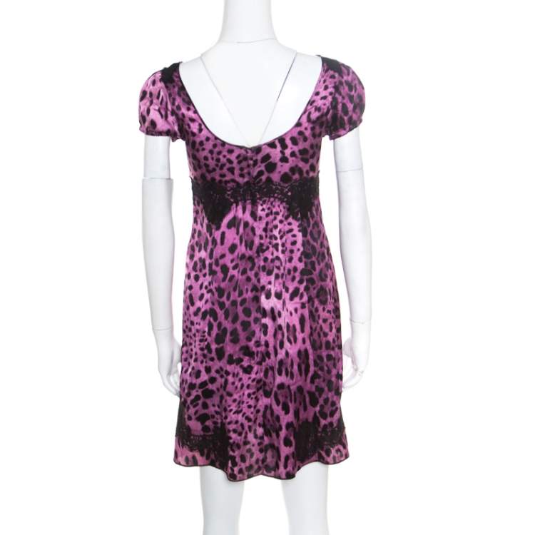 Pre Owned Dolce & Gabbana Purple and Black Animal Printed Lace Insert Baby Doll Dress S