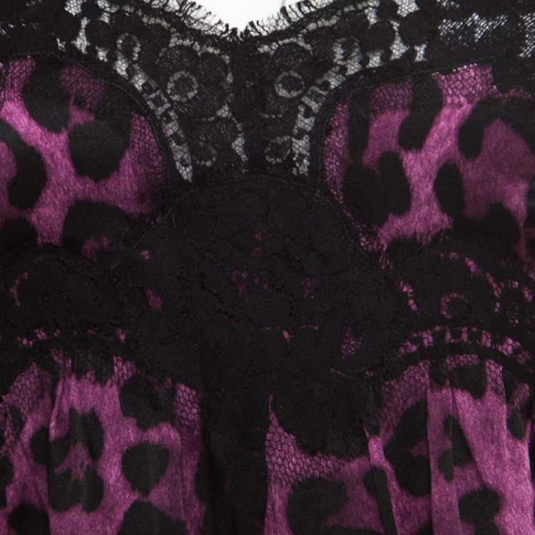 Pre Owned Dolce & Gabbana Purple and Black Animal Printed Lace Insert Baby Doll Dress S