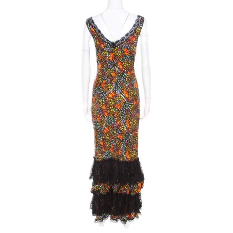 Pre Owned Dolce & Gabbana Multicolor Floral Print Silk Sheer Lace Insert Sleeveless Maxi Dress M