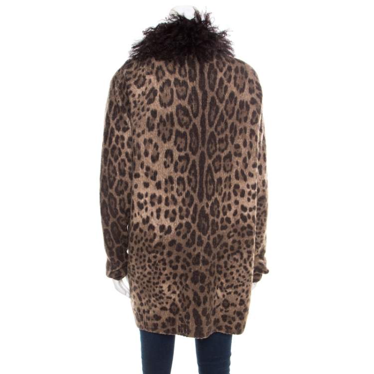 Pre Owned Dolce & Gabbana Brown Wool and Mohair Animal Printed Lamb Fur Trim Detail Jacket M