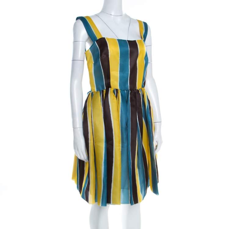 Pre Owned Dolce & Gabbana Multicolor Stripe Printed Silk Sleeveless Dress M