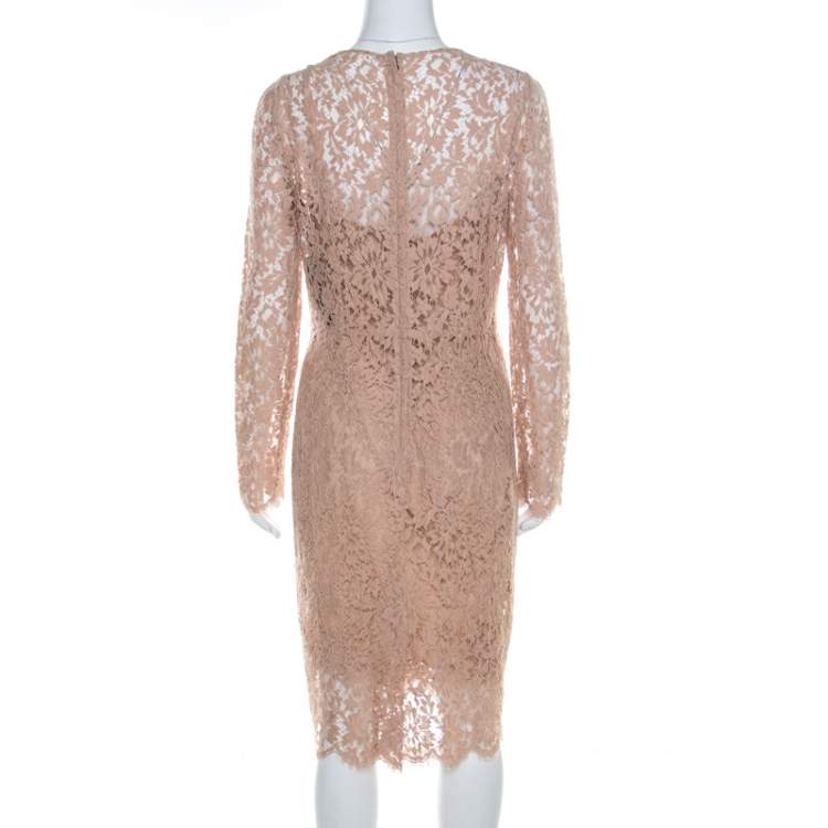 Pre Owned Dolce & Gabbana Beige Lace Detail Full Sleeve Sheath Dress M