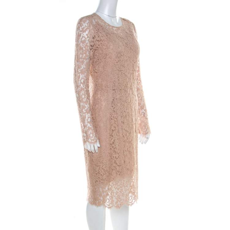 Pre Owned Dolce & Gabbana Beige Lace Detail Full Sleeve Sheath Dress M