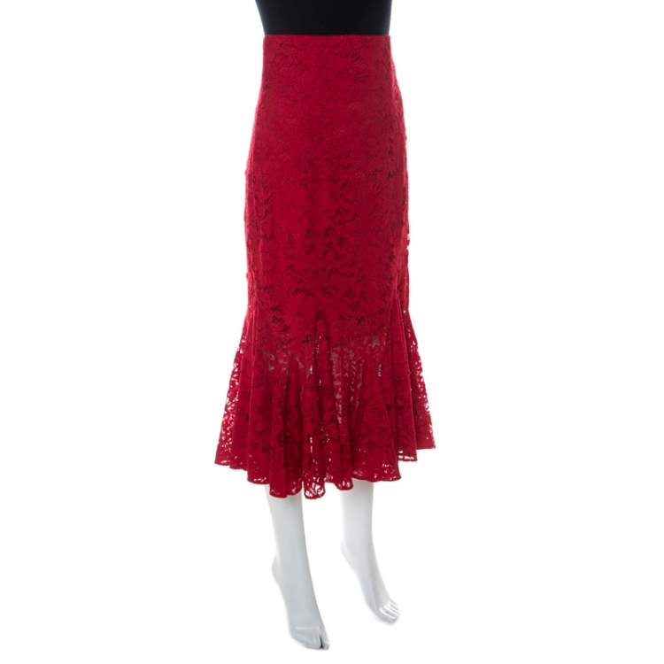 Pre Owned Dolce & Gabbana Red Lace Ruffled Skirt S
