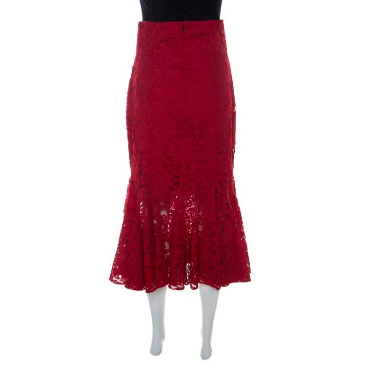 Pre Owned Dolce & Gabbana Red Lace Ruffled Skirt S