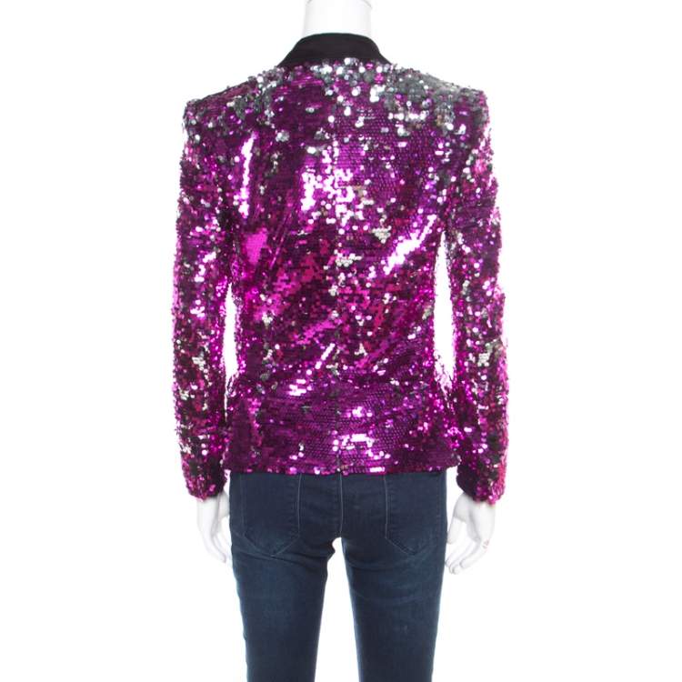 Pre Owned Dolce & Gabbana Fuscia Pink Sequin Paillette Embellished Velvet Trim Blazer M