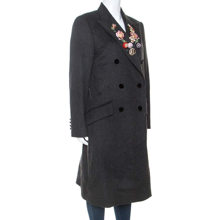 Pre Owned Dolce & Gabbana Dark Grey Wool Crystal Embellished Long Coat M