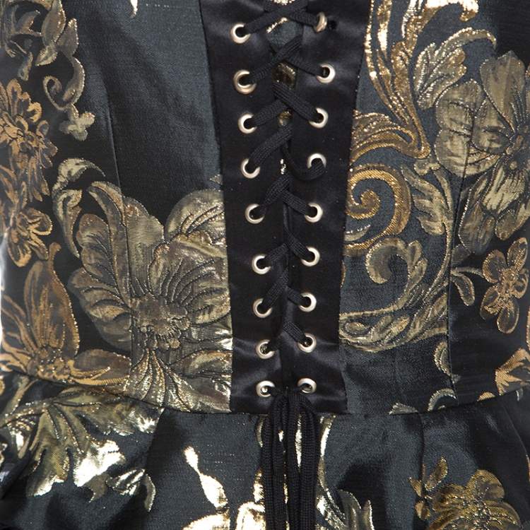 Pre Owned Dolce & Gabbana Black and Gold Jacquard Off Shoulder Corset Top M