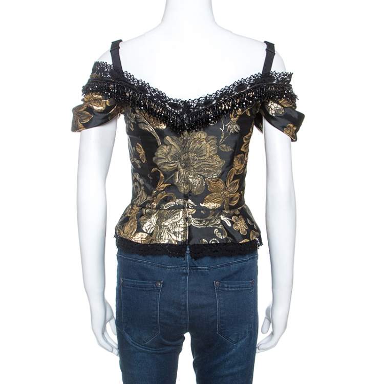 Pre Owned Dolce & Gabbana Black and Gold Jacquard Off Shoulder Corset Top M