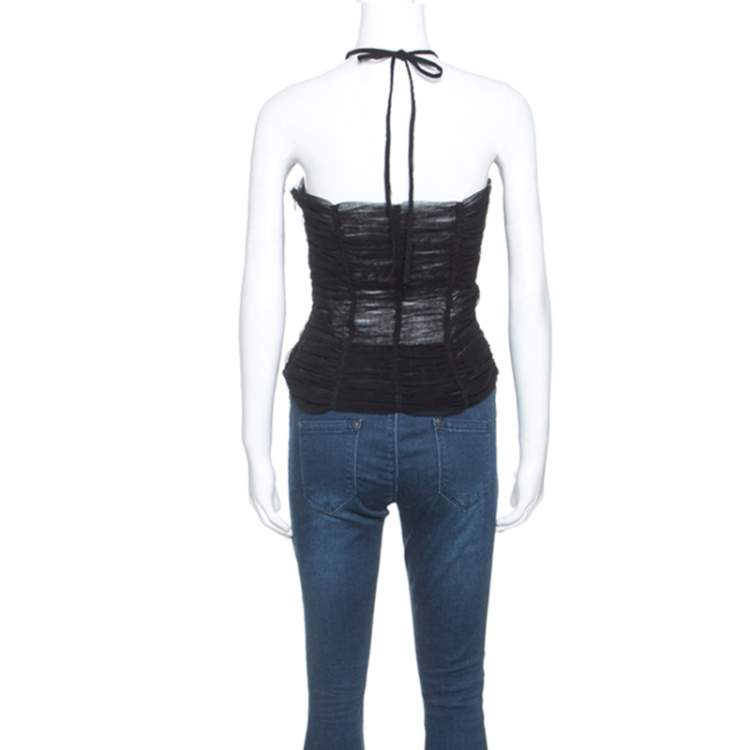 Pre Owned Dolce & Gabbana Black Stretch Tulle Ruched Corset Top M