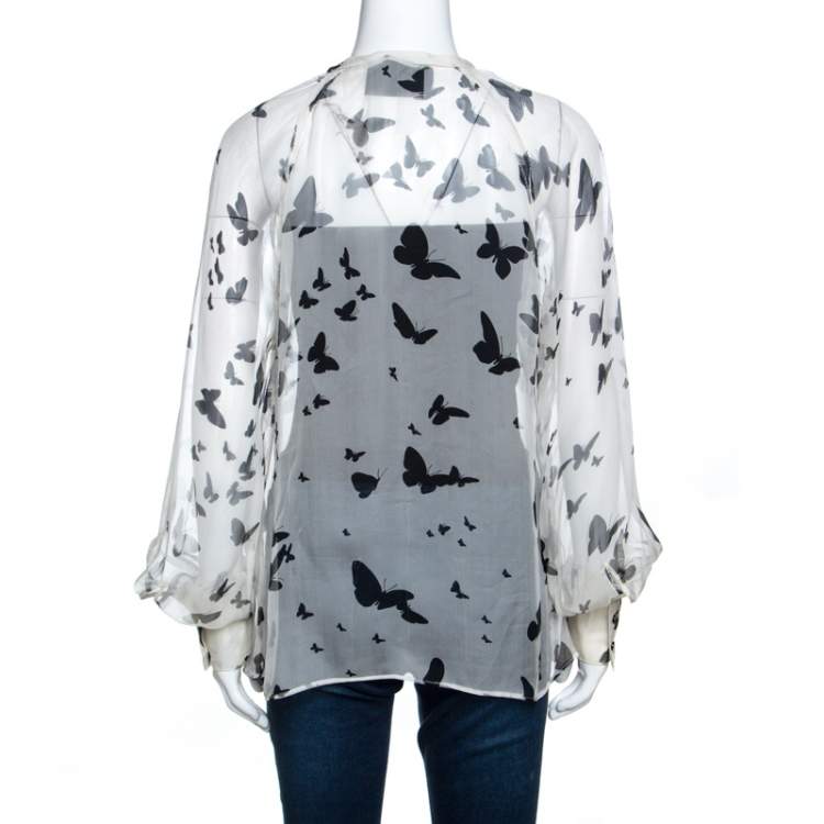 Pre Owned D&G Bicolor Butterfly Print Sheer Silk Bow Detail Blouse M