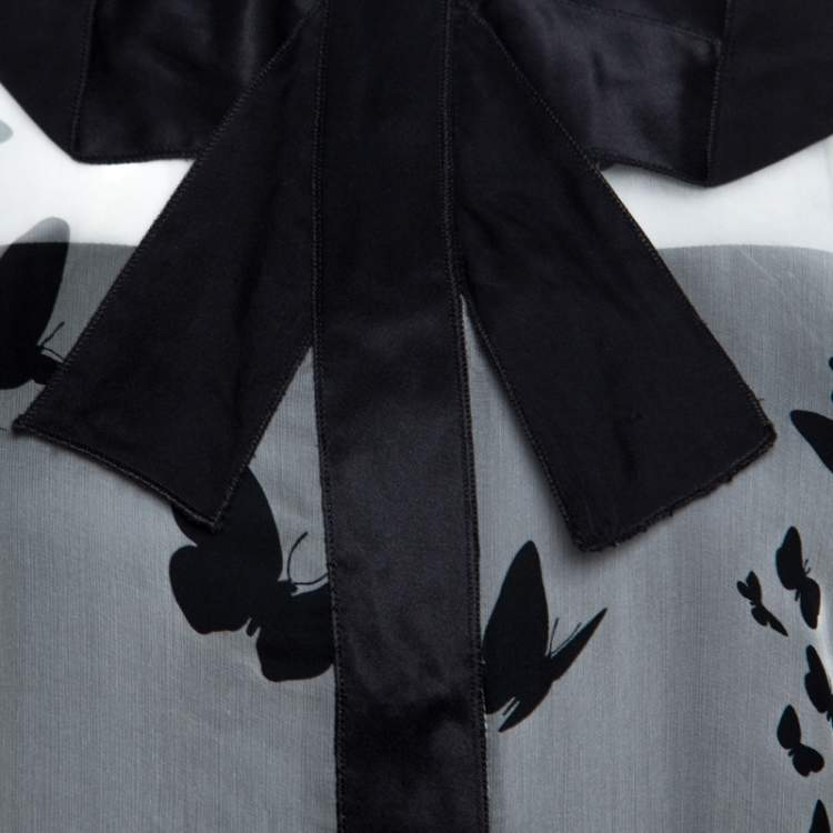 Pre Owned D&G Bicolor Butterfly Print Sheer Silk Bow Detail Blouse M