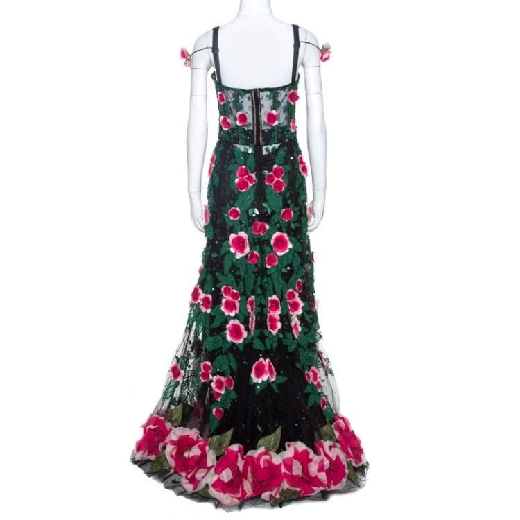 Pre Owned Dolce & Gabbana Black Floral Applique Embellished Tulle Corset Gown M