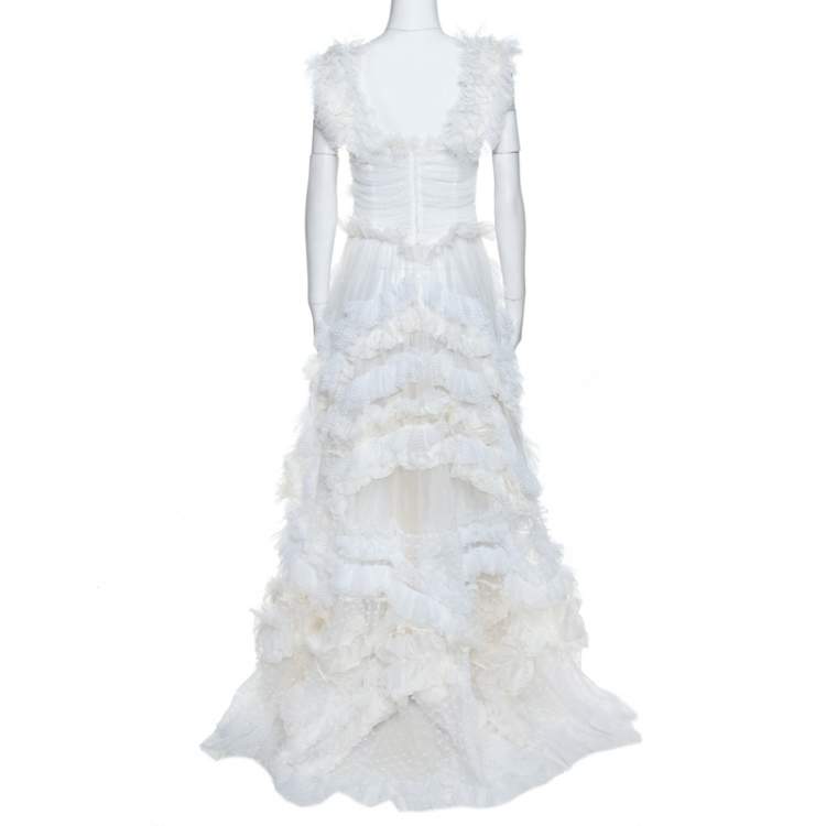 Pre Owned Dolce & Gabbana Off White Silk Feather Trim Ruffle Detail Gown L