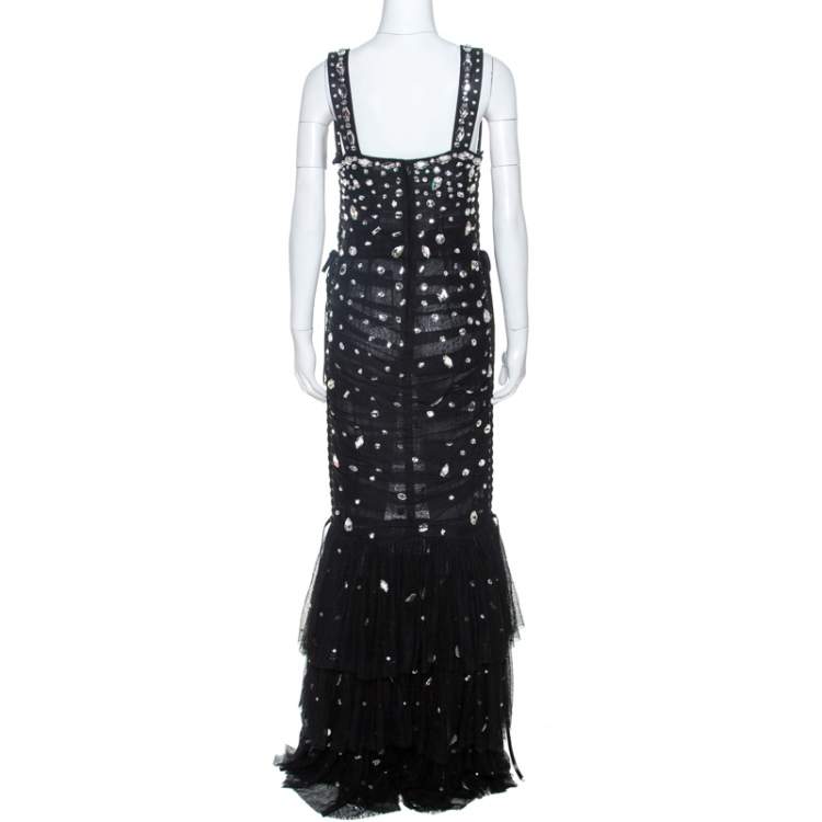 Pre Owned Dolce & Gabbana Black Embellished Mesh Ruffle Detail Tiered Dress L