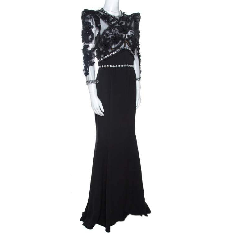 Pre Owned Dolce & Gabbana Black Silk Crepe Embellished Gown M