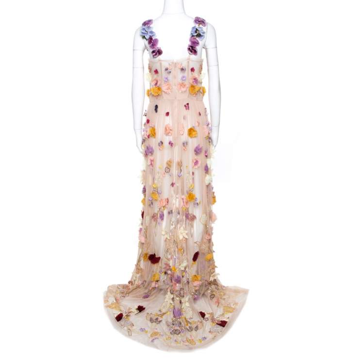 Pre Owned Dolce & Gabbana Pale Pink Embellished Floral Applique Tulle Corset Dress M