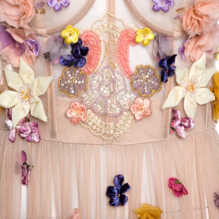 Pre Owned Dolce & Gabbana Pale Pink Embellished Floral Applique Tulle Corset Dress M