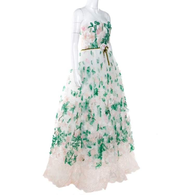Pre Owned Dolce & Gabbana White Floral Applique Tulle Strapless Gown  M