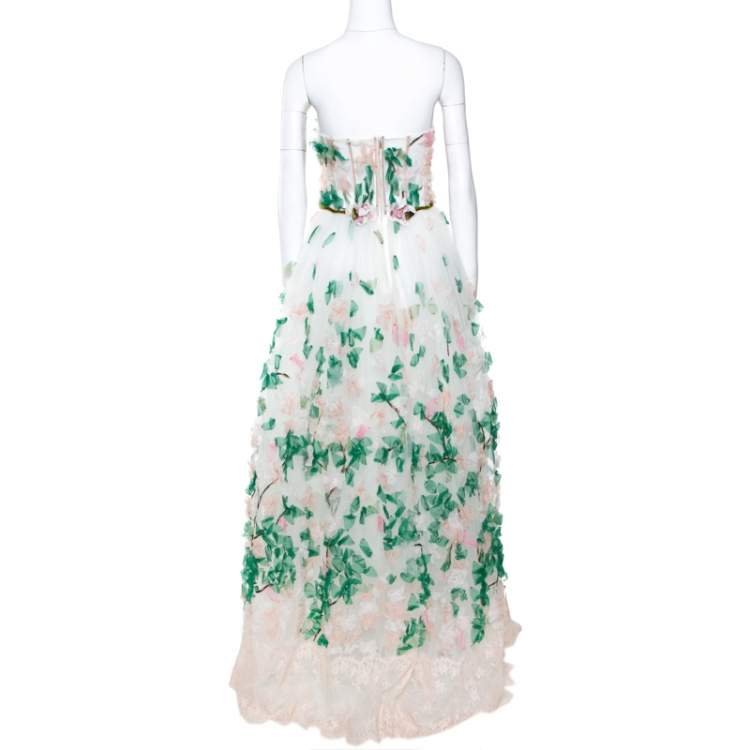Pre Owned Dolce & Gabbana White Floral Applique Tulle Strapless Gown  M