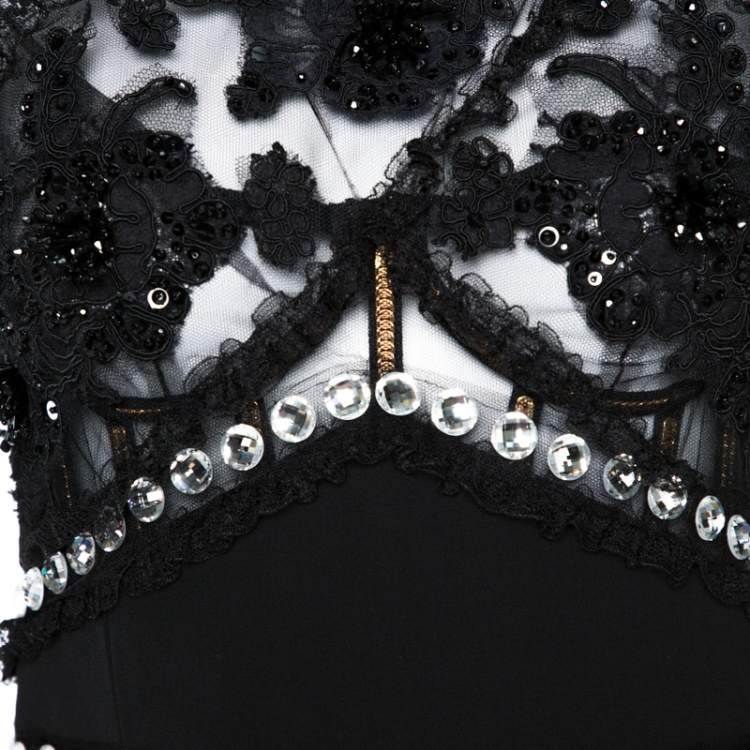 Pre Owned Dolce & Gabbana Black Crystal Embellished Sheer Tulle Paneled Gown M