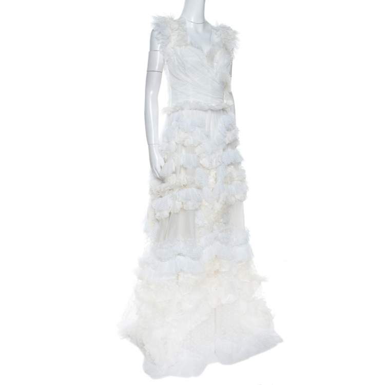 Dolce & Gabbana Off White Silk Feather Trim Ruffle Detail Gown M Dolce &  Gabbana | TLC