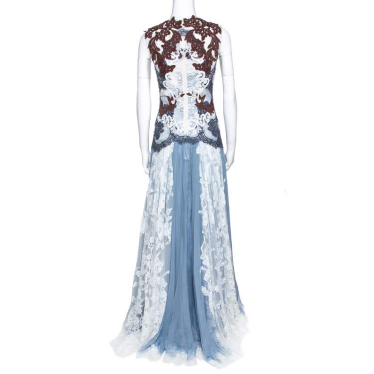 Pre Owned Dolce & Gabbana Powder Blue Silk and Lace Paneled Sleeveless Gown S
