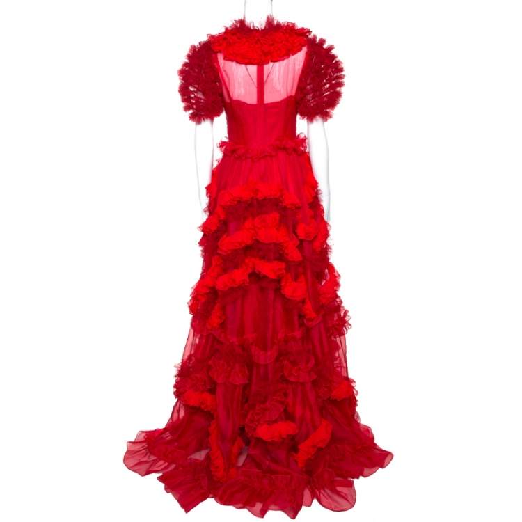 Pre Owned Dolce & Gabbana Red Silk Organza Ruffle Detail Gown M