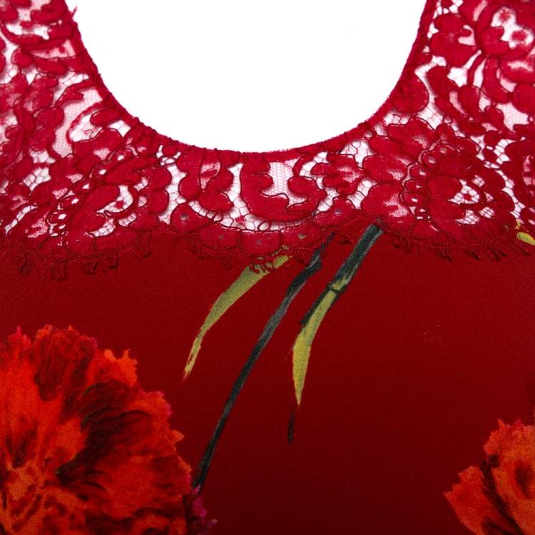 Pre Owned Dolce & Gabbana Red Floral Printed Crepe & Lace Trim Sleeveless Top S