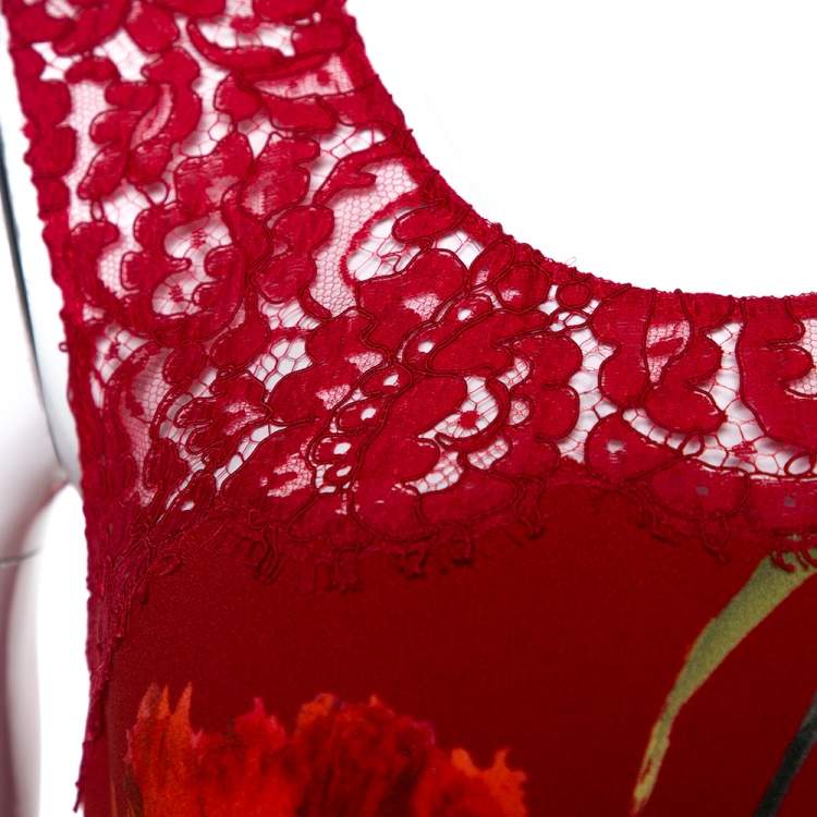 Pre Owned Dolce & Gabbana Red Floral Printed Crepe & Lace Trim Sleeveless Top S