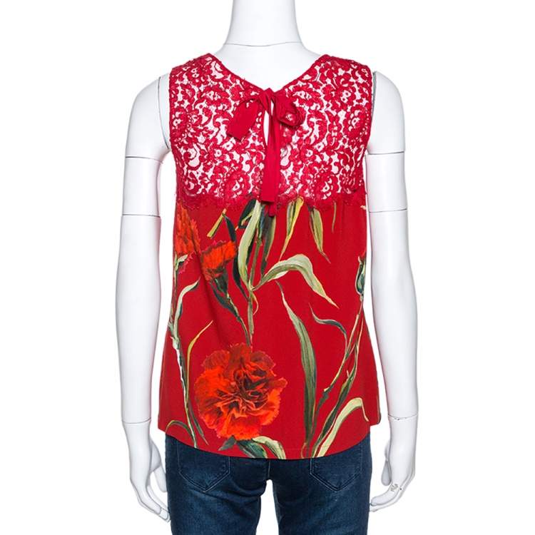 Pre Owned Dolce & Gabbana Red Floral Printed Crepe & Lace Trim Sleeveless Top S