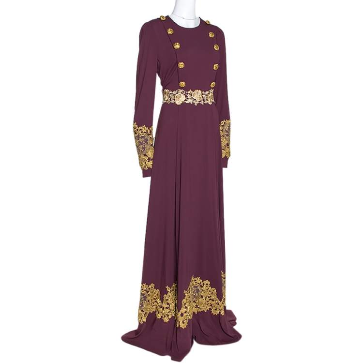 Pre Owned Dolce & Gabbana Bordeaux Stretch Crepe Lurex Lace Trim Gown M