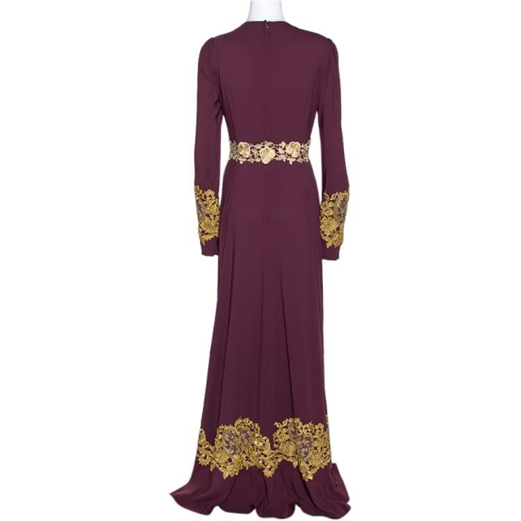 Pre Owned Dolce & Gabbana Bordeaux Stretch Crepe Lurex Lace Trim Gown M