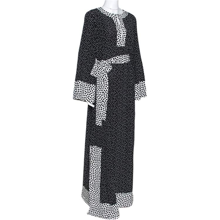 Pre Owned Dolce & Gabbana Monochrome Polka Dot Silk Belted Maxi Dress L