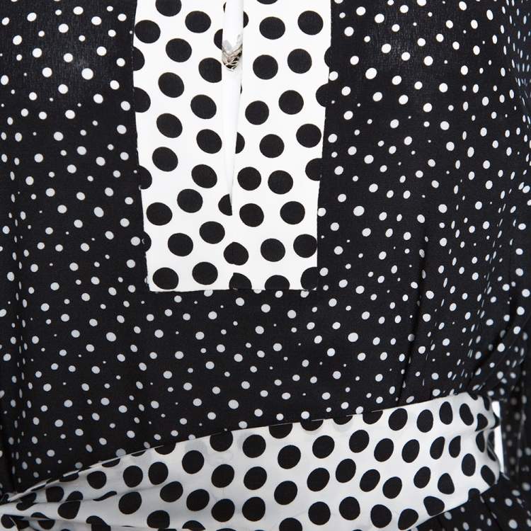 Pre Owned Dolce & Gabbana Monochrome Polka Dot Silk Belted Maxi Dress L