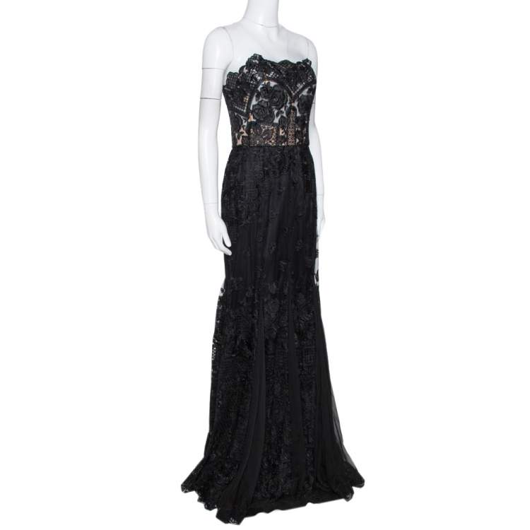 Pre Owned Dolce & Gabbana Black Floral Lace Bustier Detail Strapless Gown M