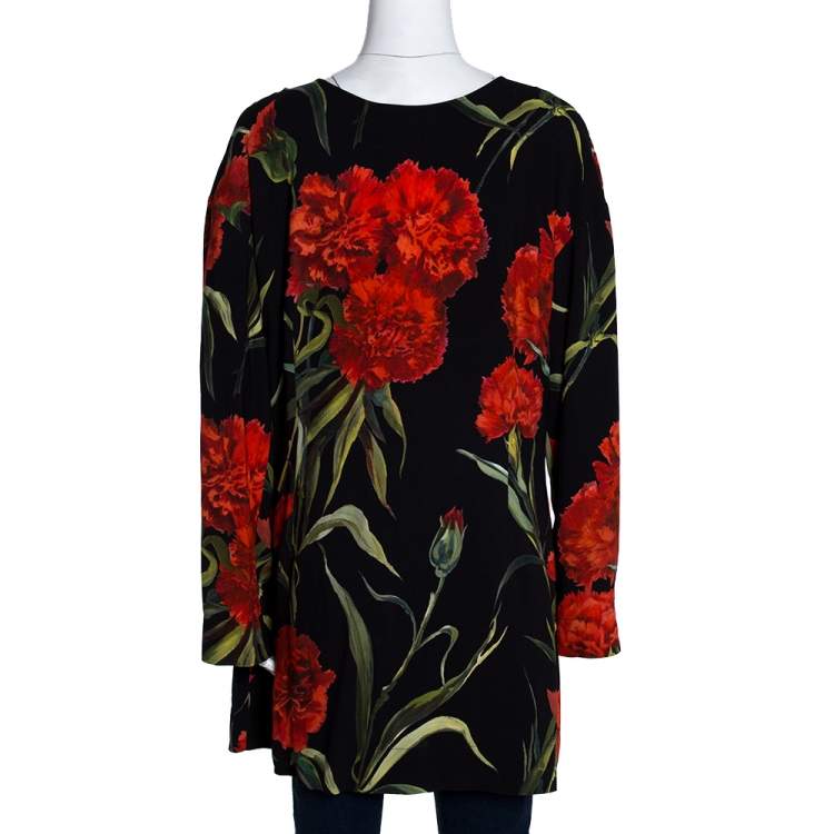 Pre Owned Dolce & Gabbana Black and Red Floral Printed Long Sleeve Tunic M