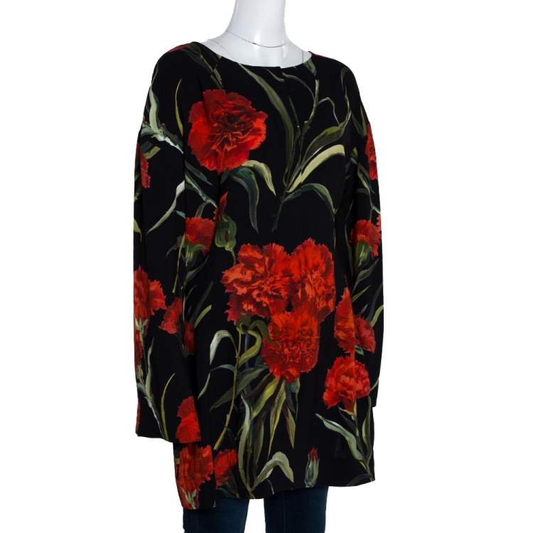 Pre Owned Dolce & Gabbana Black and Red Floral Printed Long Sleeve Tunic M